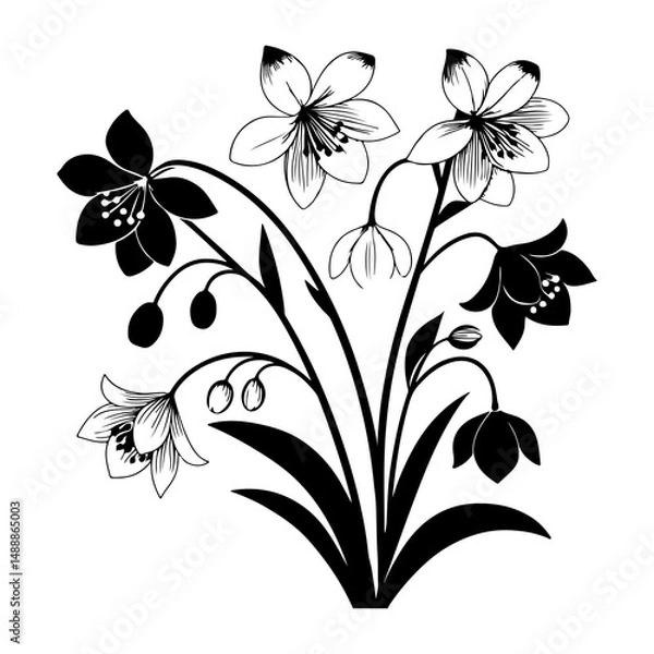 Obraz Black and white floral design element with ornate flower and leaf vector illustration