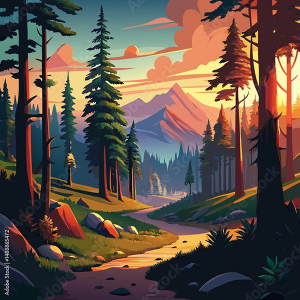 Obraz sunset in the forest Vector icon illustration silhouette Graphics design image white background
