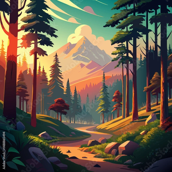 Obraz sunset in the forest Vector icon illustration silhouette Graphics design image white background
