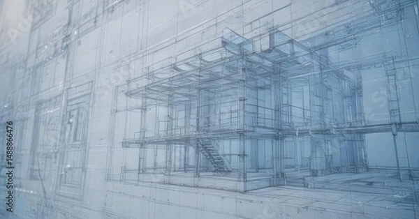 Fototapeta Abstract architectural blueprint with blue photographic tint, textured paper effect , construction, blue