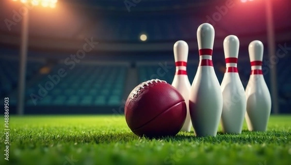 Obraz Bowling pins arranged as football field, football in foreground, numbers, stripes, pins