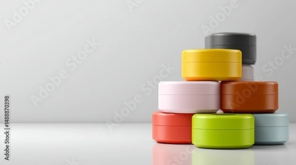 Obraz A colorful stack of round containers on a minimalist surface, perfect for organization.