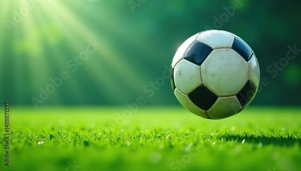 Obraz Action shot of soccer ball in mid-air above green field, field, view, game