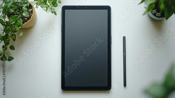 Fototapeta Tablet with stylus on white surface