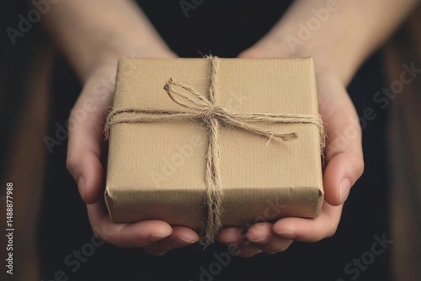 Fototapeta Hands holding a small wrapped gift box with twine on a dark background close up centered shot