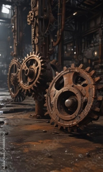 Fototapeta Rusting gears, dripping pipes, shadowed factory floor,  heavy,  equipment,  rust