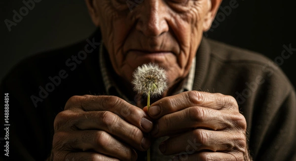 Fototapeta Elderly Man Reflecting While Holding a Dandelion in His Hands