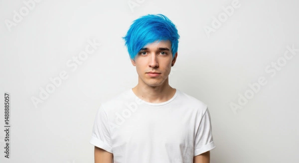Obraz Trendy Young Man with Bright Blue Hair in White T-shirt Standing Against Plain Background