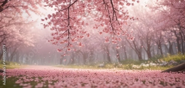 Fototapeta Falling sakura petals create a gentle pink haze against a blurred spring scene ,  serenity,  bloom