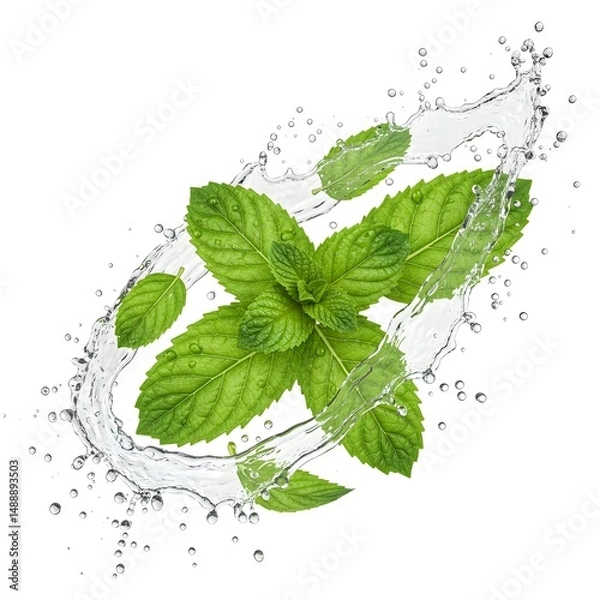 Fototapeta Refreshing Mint Leaves in Water Splash A Vibrant Image of Nature's Coolness