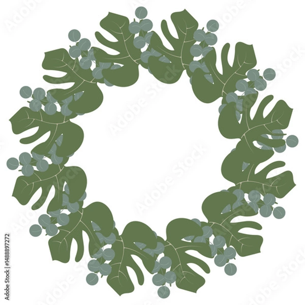 Obraz Botanical round frame with decorative leaves and branches green color. Abstract plant illustration. Vector art for banners, card, invitations