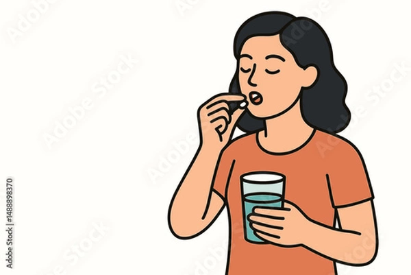 Obraz Woman taking a pill with water while standing indoors  