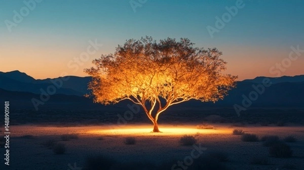 Fototapeta 104. A single glowing tree in the center of a twilight desert