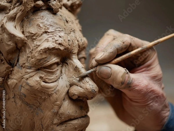 Fototapeta Sculptor's hands meticulously refine a clay bust, adding subtle details to the weathered face. The earthy tones and textured surface create a powerful image.