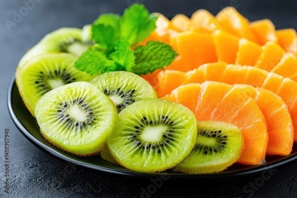 Fototapeta Vibrant Sliced Kiwi and Mandarin Oranges with Mint Garnish on Black