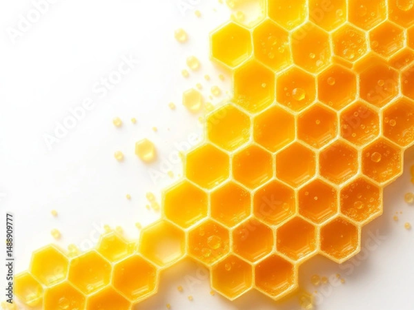 Fototapeta Honeycomb with Flowing Honey and Pollen on a Clean White Background