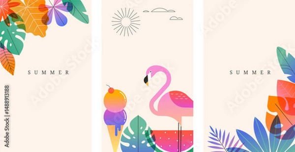 Fototapeta Hello Summer vertical backgrounds with tropical icons. Colorful flat vector illustration of flamingo, jungle leaves, watermelon, swimsuit, sunglasses, and ice cream in modern vibrant style.