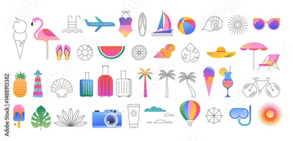 Fototapeta Summer vacation vector illustration set. Colorful tropical icons including beach elements, travel symbols, fruit, ice cream, swimwear, palm trees, and sun in modern flat style.