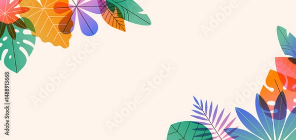 Fototapeta Tropical leaves frame summer background. Colorful modern botanical border. Abstract flat vector illustration of exotic jungle foliage.