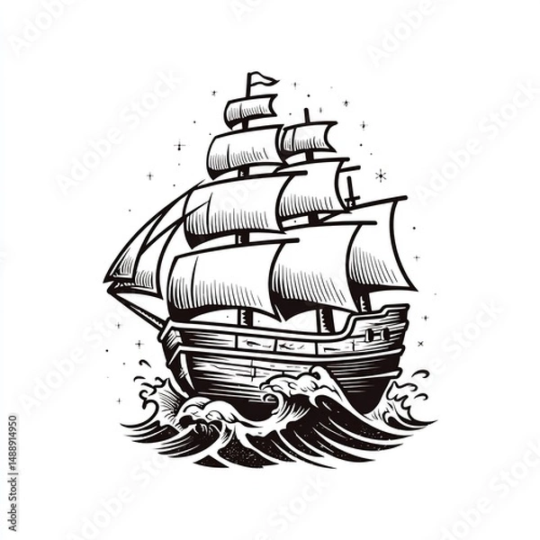 Fototapeta tattoo style pirate ship with waves