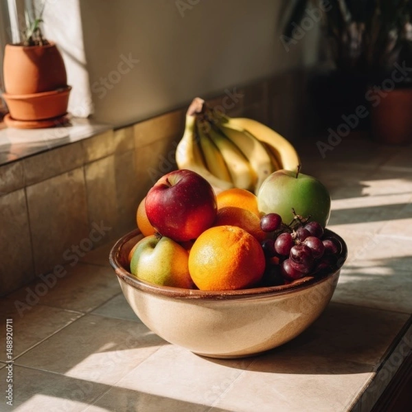 Fototapeta A bowl of fresh fruit sits on a kitchen counter, bathed in sunlight. Apples, oranges, grapes, and bananas create a vibrant still life.