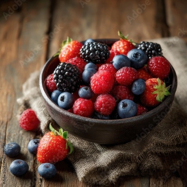 Fototapeta A rustic bowl overflowing with a mix of fresh, juicy berries.  A vibrant summer treat!