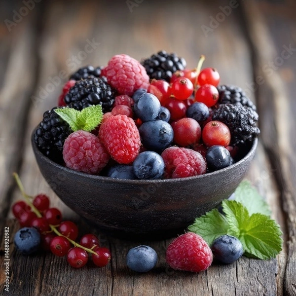 Fototapeta A rustic bowl overflowing with a vibrant mix of fresh raspberries, blueberries, blackberries, and red currants. A summery delight!