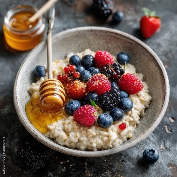 Fototapeta Creamy oatmeal topped with fresh berries and a drizzle of honey. A delicious and healthy breakfast!