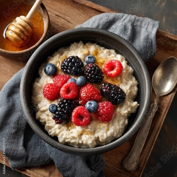 Fototapeta A delicious bowl of oatmeal topped with fresh berries and a drizzle of honey. The perfect healthy breakfast!