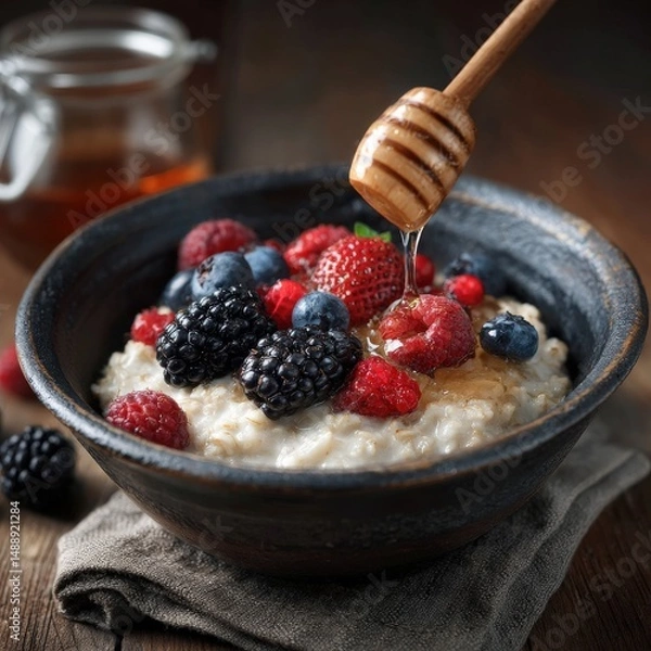 Fototapeta A bowl of creamy oatmeal topped with fresh berries and a drizzle of honey. A delicious and healthy breakfast!