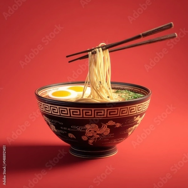 Fototapeta A delectable bowl of ramen noodles, garnished with soft boiled eggs, is artfully presented against a vibrant red backdrop.