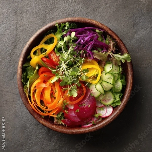 Fototapeta Vibrant rainbow veggie salad in a rustic wooden bowl. A healthy and colorful meal.