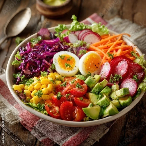 Fototapeta Vibrant rainbow veggie bowl with corn, avocado, boiled eggs, and more!