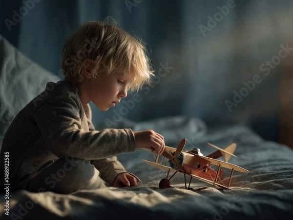 Fototapeta A young boy with blonde hair sits on his bed, absorbed in playing with a vintage wooden airplane toy. The soft lighting creates a calm and dreamy atmosphere.