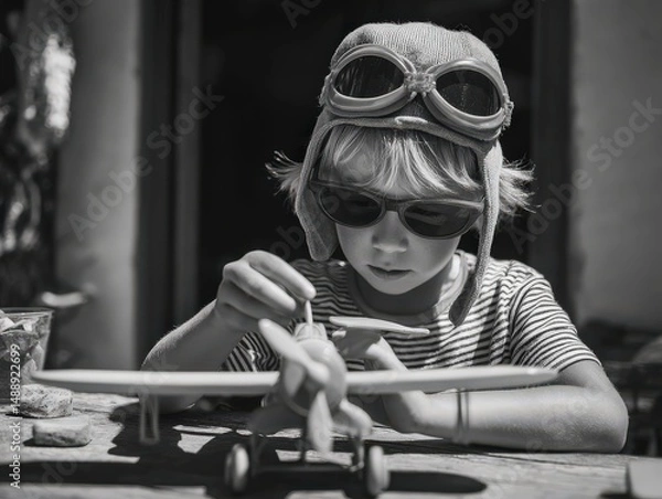 Fototapeta A young boy, dressed in a pilot's hat and goggles, meticulously assembles a toy airplane.  A black and white image capturing a moment of childhood imagination.