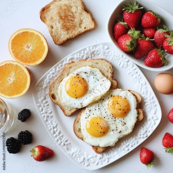 Fototapeta Sunny-side up eggs on toast with fresh fruit. A delicious and healthy breakfast.
