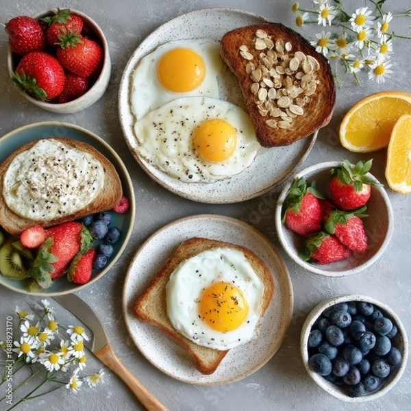 Fototapeta A delicious and healthy breakfast spread featuring fried eggs, toasted bread, fresh fruit, and berries.  The perfect start to the day!
