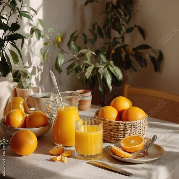 Fototapeta Freshly squeezed orange juice in a glass and pitcher, surrounded by a bowl of oranges and a basket of oranges. A sunny morning.