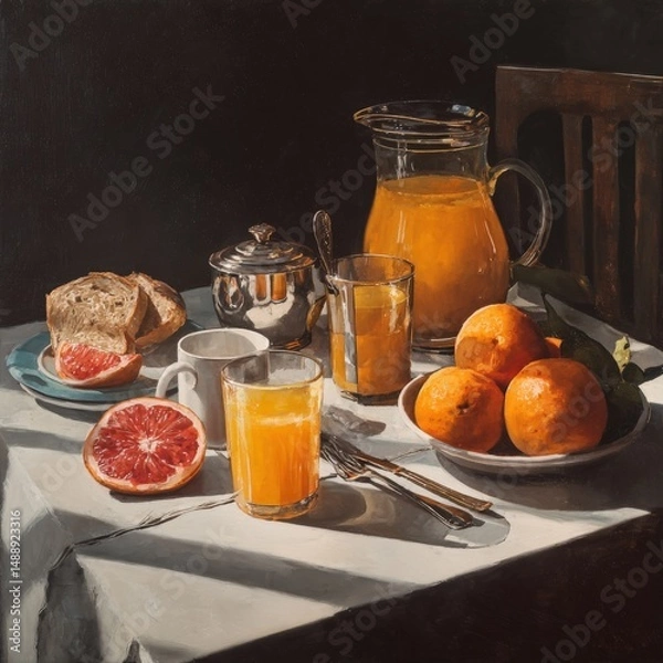 Fototapeta Sunlit breakfast table with fresh-squeezed orange juice, grapefruit, bread, and oranges.