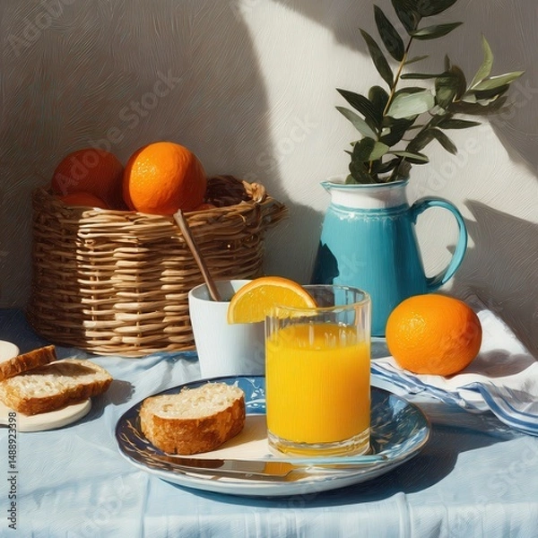 Fototapeta A sunny breakfast scene with fresh orange juice, pastries, and oranges in a wicker basket.