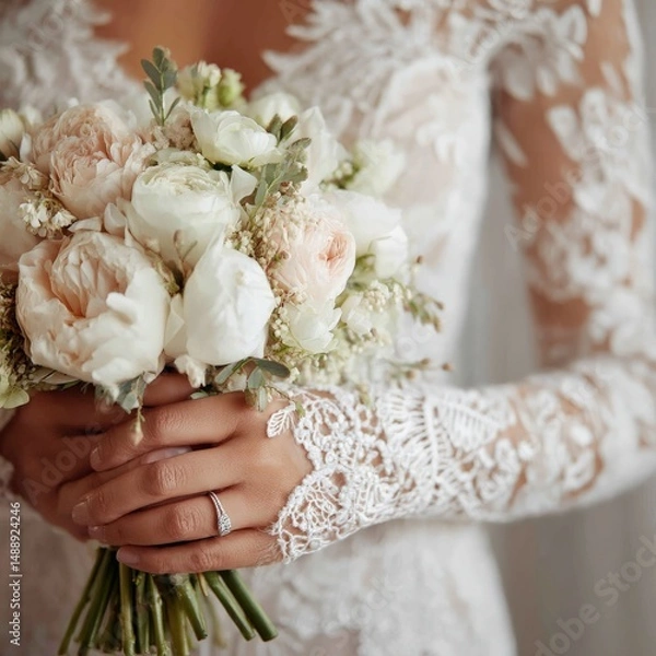 Fototapeta A bride's hands gently hold a bouquet of creamy white and blush pink peonies and roses.  Elegant lace sleeves add to the romantic feel.