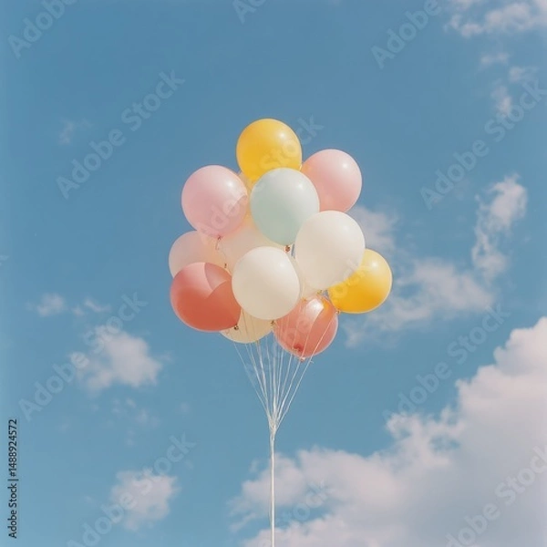 Fototapeta Pastel-colored balloons float against a bright blue sky, creating a cheerful and whimsical scene.