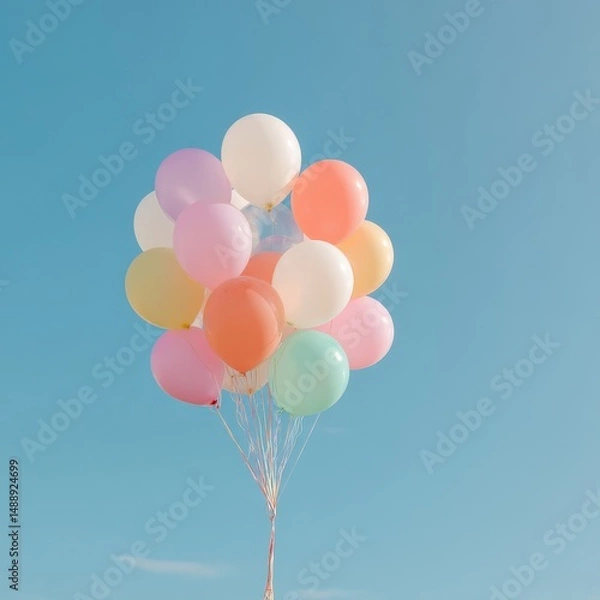 Fototapeta A cluster of pastel-colored balloons floats against a clear blue sky.  Light and airy, perfect for celebrating.