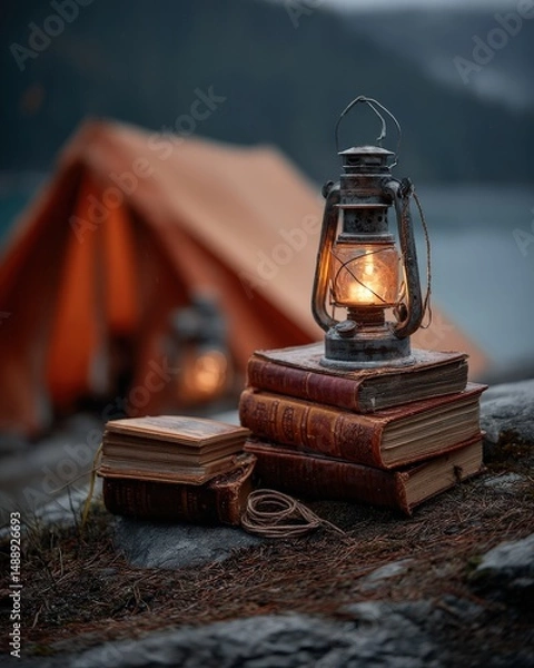 Fototapeta A vintage lantern illuminates a stack of old books near a campsite, creating a warm, inviting atmosphere.