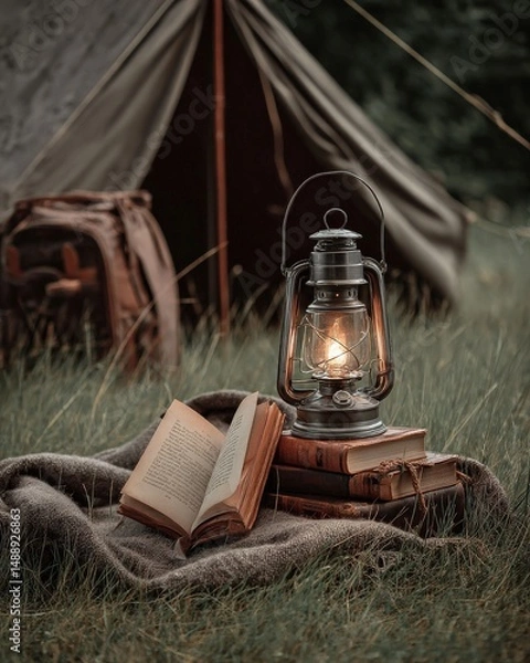 Fototapeta A glowing lantern illuminates an open book resting on a blanket near a vintage tent, creating a cozy and atmospheric scene.