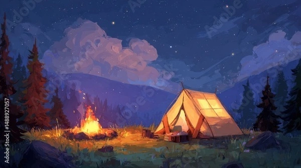 Fototapeta Cozy camping scene under a starry night sky. A warm fire crackles near a glowing tent in a tranquil forest setting.