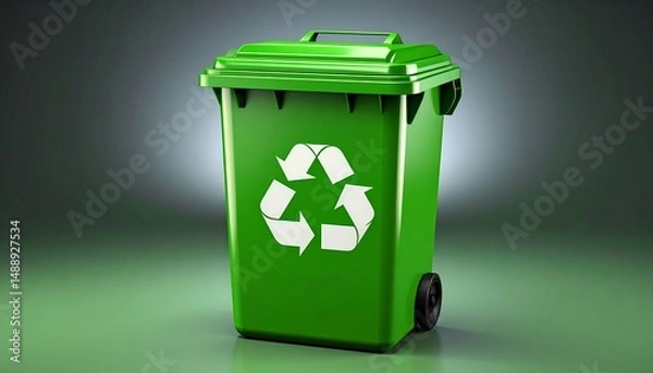 Fototapeta Eco-Friendly Green Recycling Bin with Recycle Symbol Against Gradient Background for Sustainable Waste Management