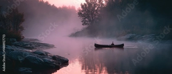 Fototapeta Serene sunrise over a misty river, a lone canoe floats gently.  Peaceful and mysterious.
