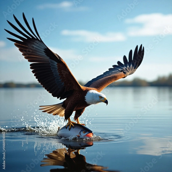 Fototapeta an eagle flying is catching its prey above the water