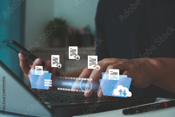 Fototapeta Transfer file data system relocation on cloud system technology concept, security access to backup copy database, business document storage folder, upload, download, share, migration online with AI.